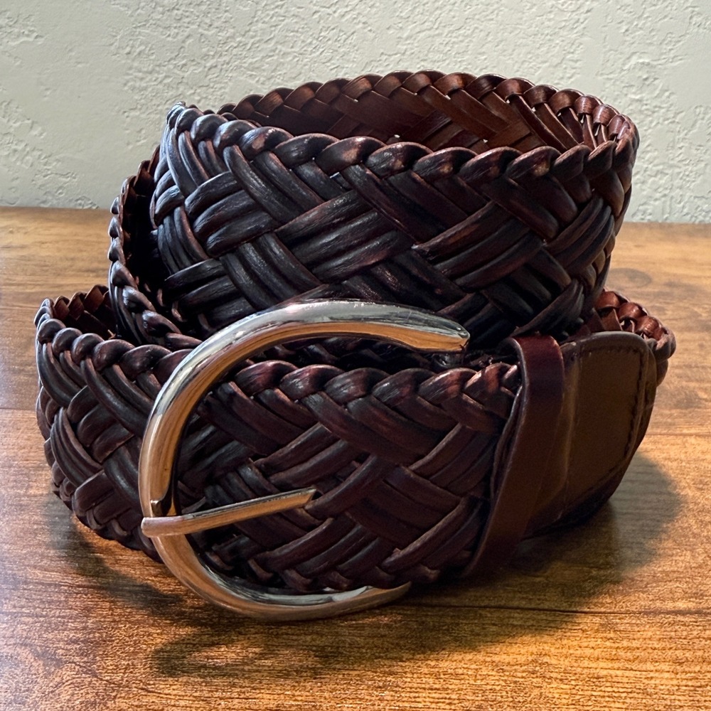 Women Braided Woven Leather Wide Belt XL Dark Brown Silver Buckle Boho 90s Vibes - Picture 1 of 10